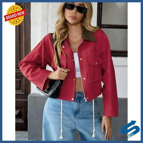 Women's Cropped Utility Jacket 100% Cotton Button Front Casual Barn Coat